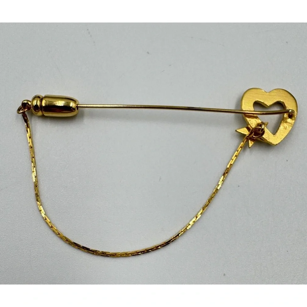 Vintage Valentines Day Gold Tone Rhinestone Heart Star Locking Stink Pin & Chain